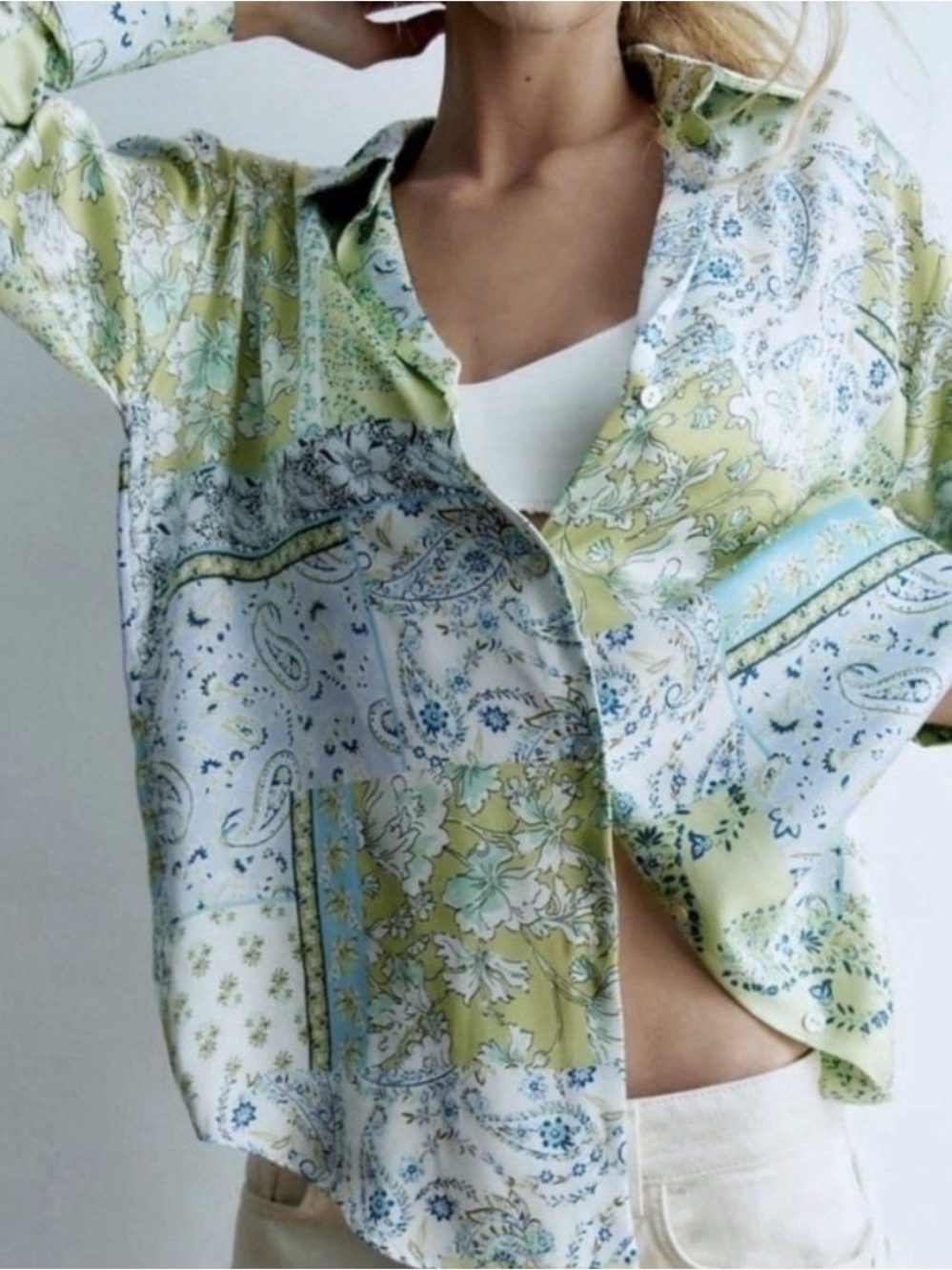 Zara Lime Green and Light Blue Patchwork Floral Button-Down Shirt